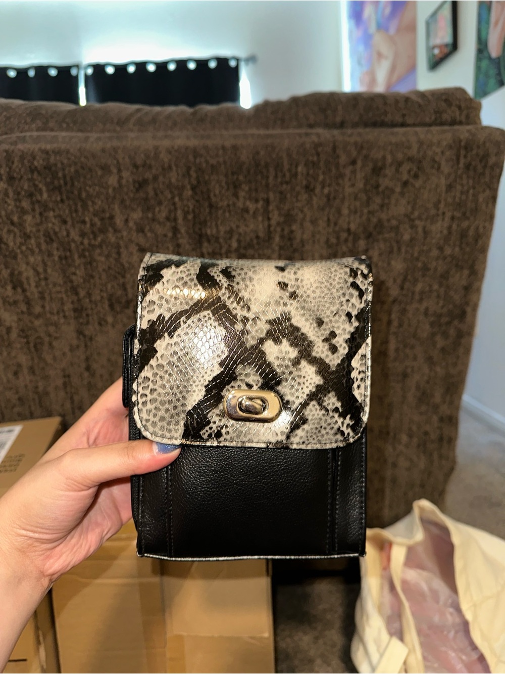 Black & Snake-Print Crossbody Bag w/ Coin Purse and Sleeve
